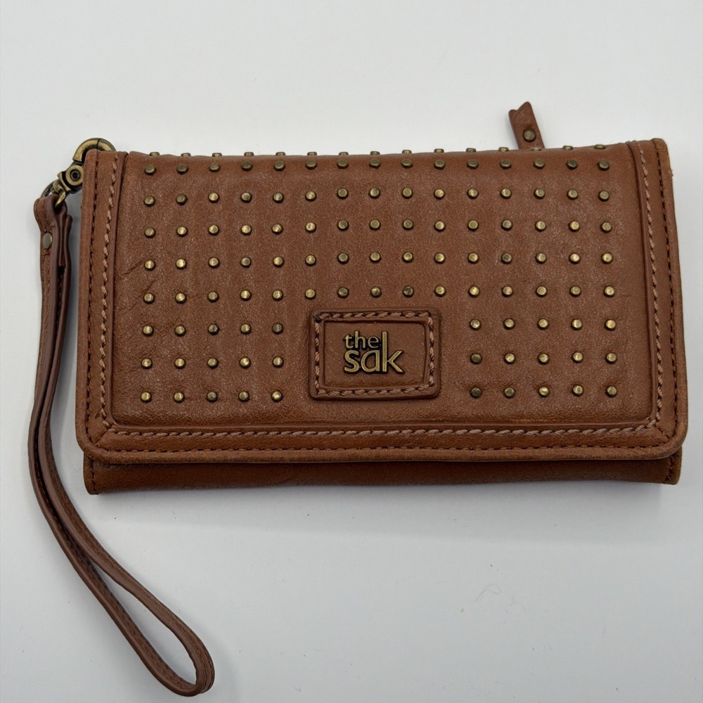 The Sak Vintage Tan Brown Leather Studded Wallet Flap Cross Clutch Zip Pocket